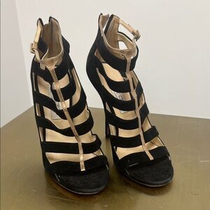 Jimmy Choo Black and Gold Strappy Heels